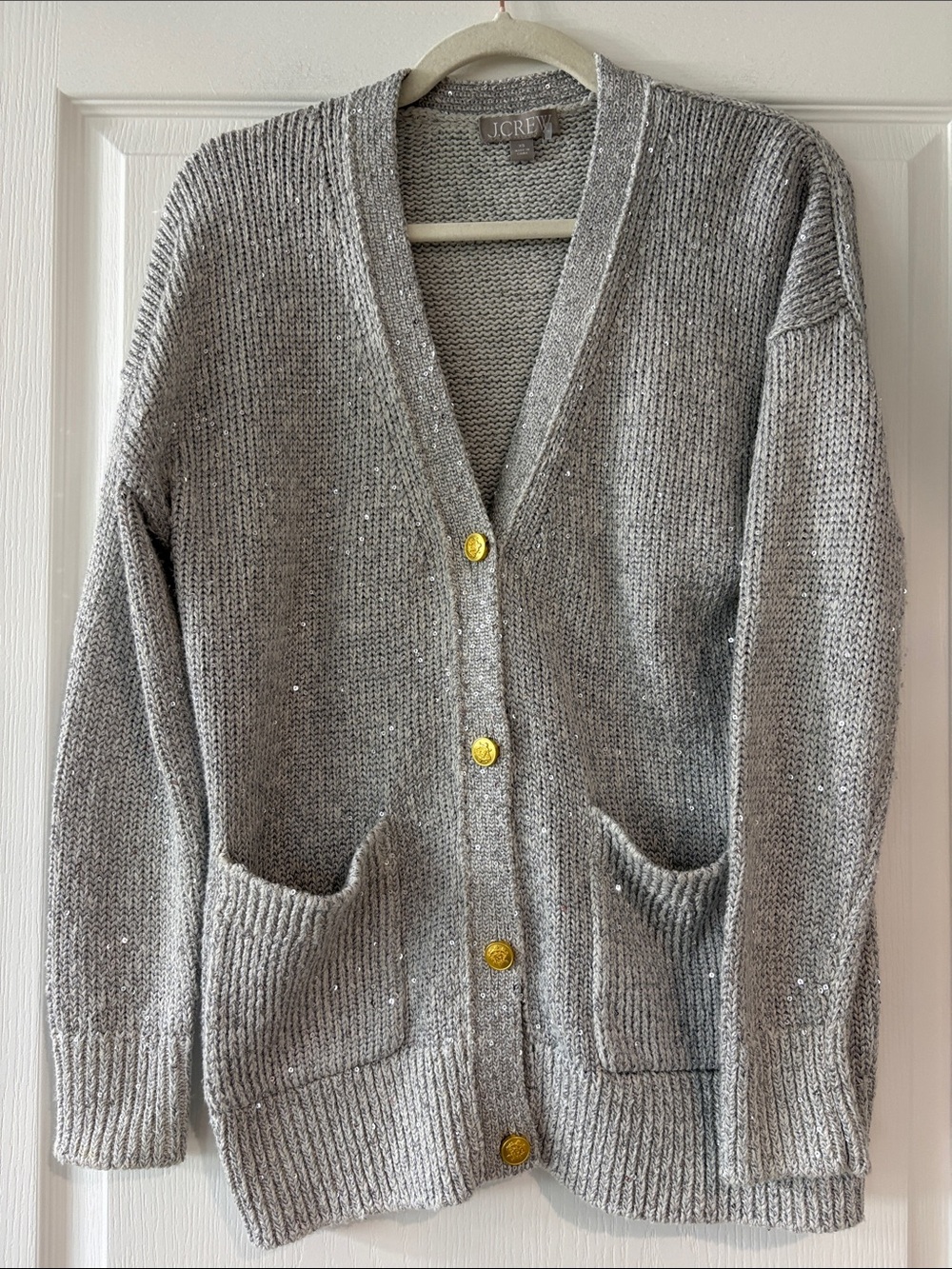 J. Crew Gray Sequin Knit Cardigan with Gold Buttons- Oversized